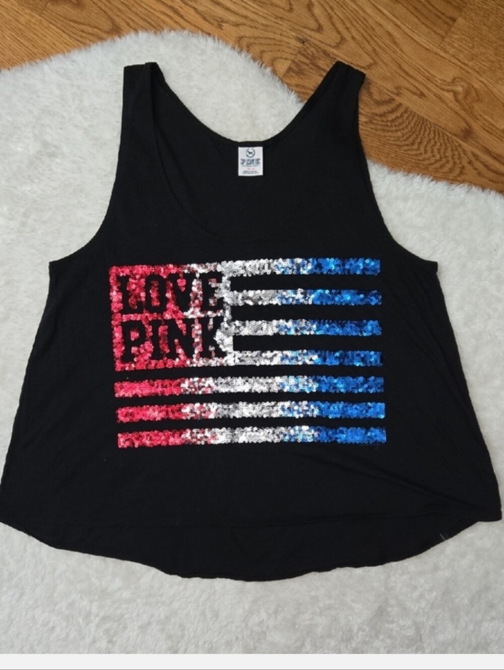 PINK Victoria's Secret Black Tank with Red, White & Blue Sequin Flag Graphic